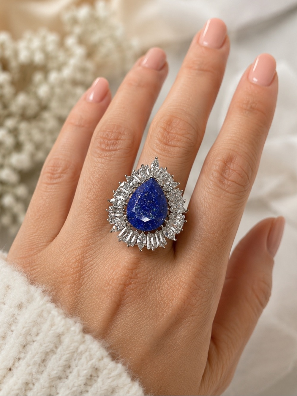 Blue & White Simulated Diamond Halo Ring Stainless Steel Size 7 | 10.00 CTW
